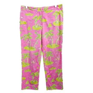 Vintage Lilly Pulitzer Women's 8 Pink Palm Tree Tapered Leg Khaki Chino‎ Pants